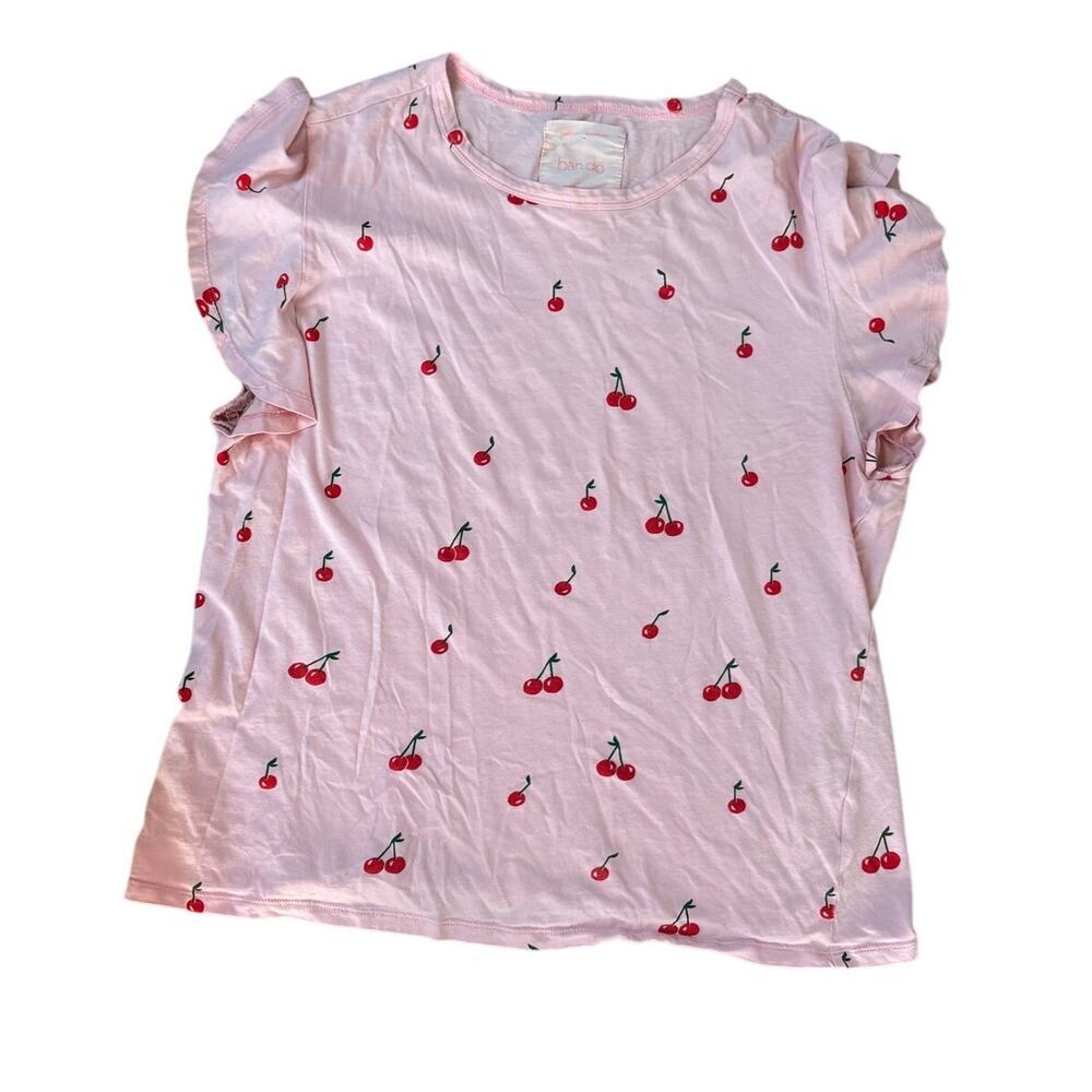 Ban.do Cherry T-Shirt Pink Medium Ruffle Sleeve Cotton Fruit Tee  🍒